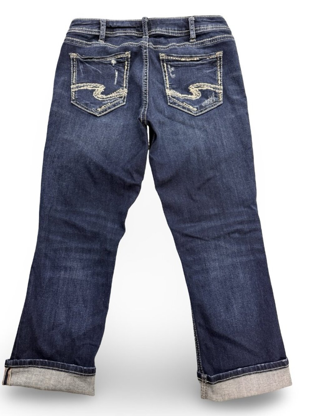 Silver Distressed‎ Embroidered Suki Capri Jeans Womens 30 Blue Cuffed Stretch